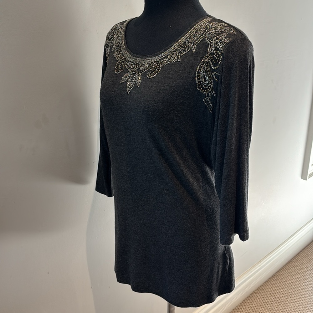 SANDRO CHARCOAL GREY EMBELLISHED STRETCH 3/4 SLEEVE TOP